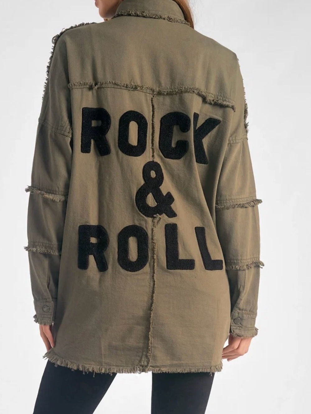 Elan Olive Green Military-Style Jacket with Black 'ROCK & ROLL' Back size Small